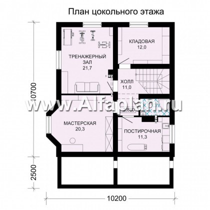 Проект двухэтажного дома из бруса, планировка с кабинетом и с эркером, терраса со стороны входа, с цокольным этажом - превью план дома