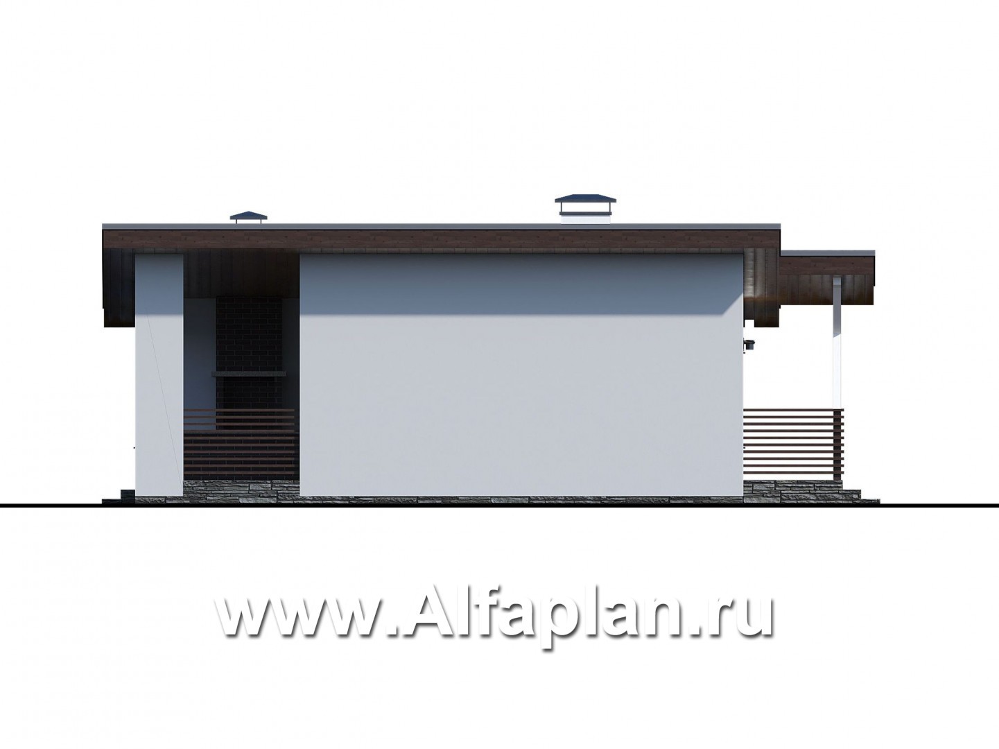 Проекты домов Альфаплан - «Вита» -проект одноэтажного каркасного дома с террасой, в скандинавском стиле - изображение фасада №3