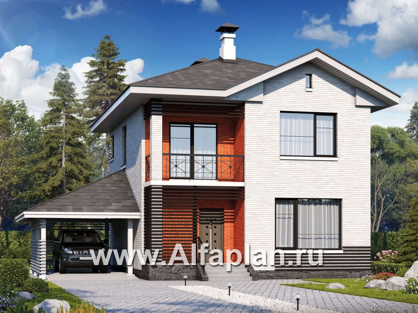 Проекты домов Альфаплан - Кирпичный дом «Серебро» с навесом для машины - основное изображение