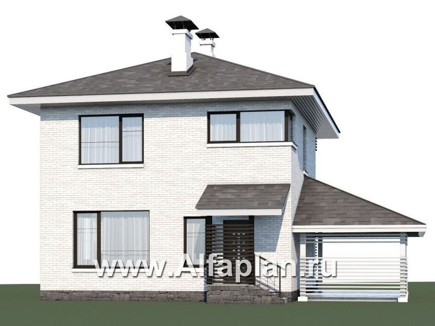 Проекты домов Альфаплан - Кирпичный дом «Серебро» с навесом для машины - дополнительное изображение №1