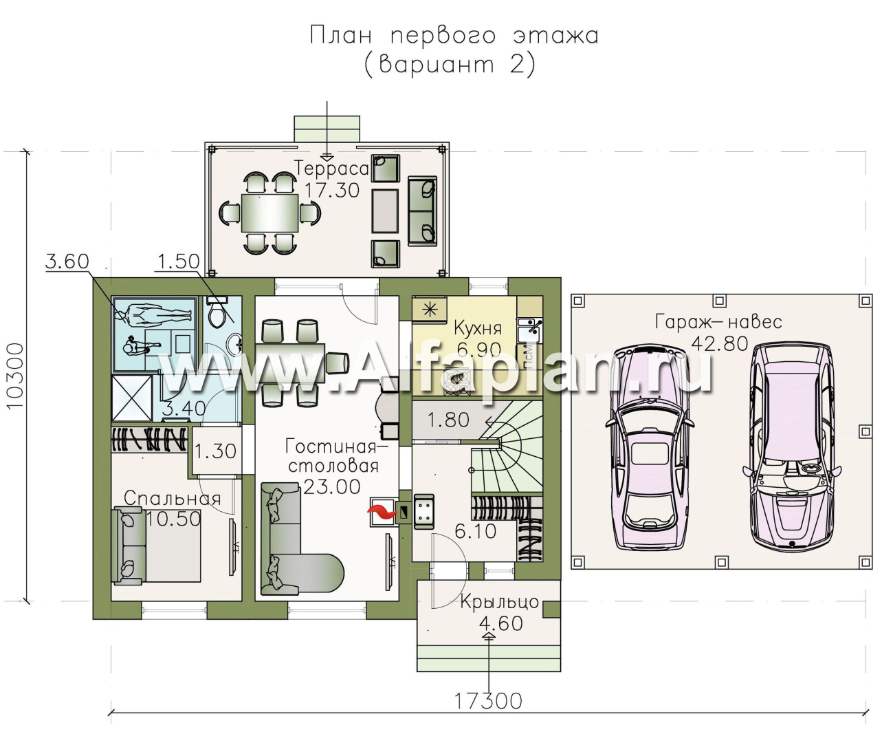 Проекты домов Альфаплан - «Замечательный сосед» - проект дома с мансардой,  с террасой, с навесом на 2 авто - план проекта №2