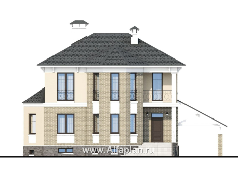 «Классика» - проект двухэтажного дома с эркером, планировка с кабинетом на 1 эт и с террасой, с цокольным этажом - превью фасада дома