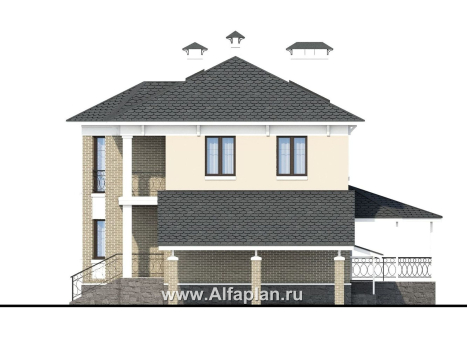 «Классика» - проект двухэтажного дома с эркером, планировка с кабинетом на 1 эт и с террасой, с цокольным этажом - превью фасада дома