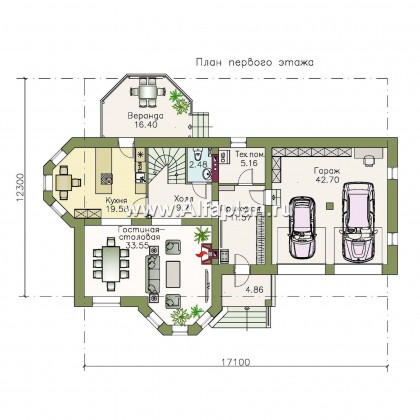 Проекты домов Альфаплан - «Классика» - двухэтажный особняк с эркером и гаражом на два автомобиля - превью плана проекта №1