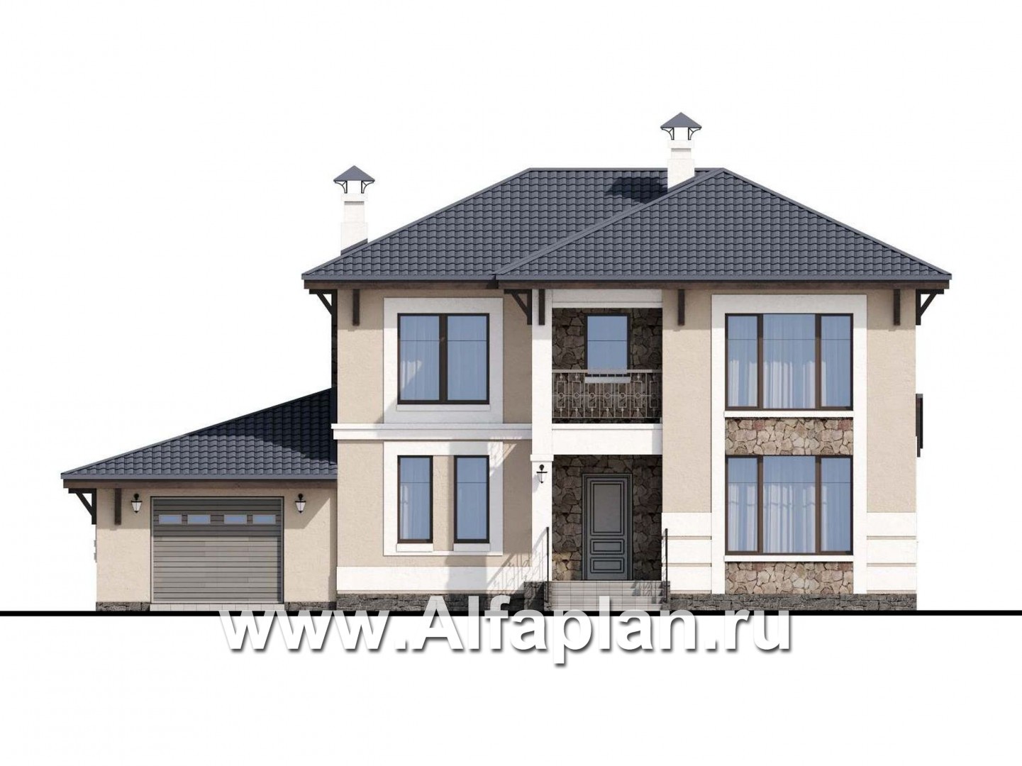 Проекты домов Альфаплан - «Манор» — сбалансированный комфортный коттедж с гаражом - изображение фасада №1