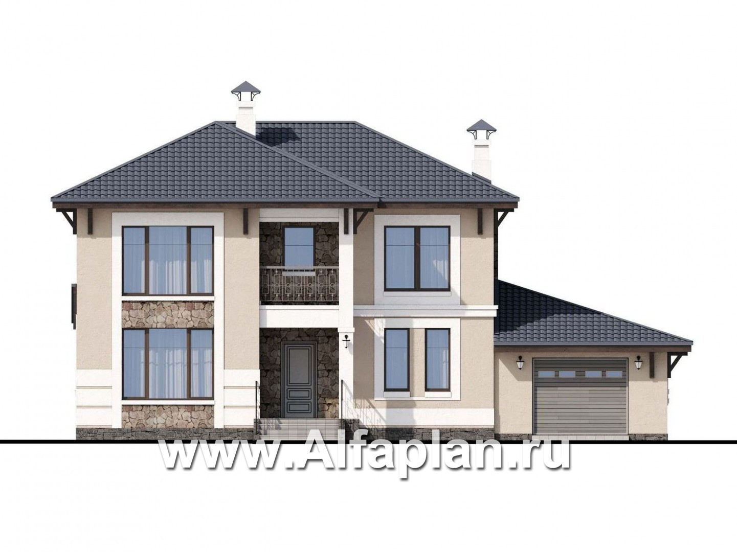 Проекты домов Альфаплан - «Манор» — сбалансированный комфортный коттедж с гаражом - изображение фасада №1