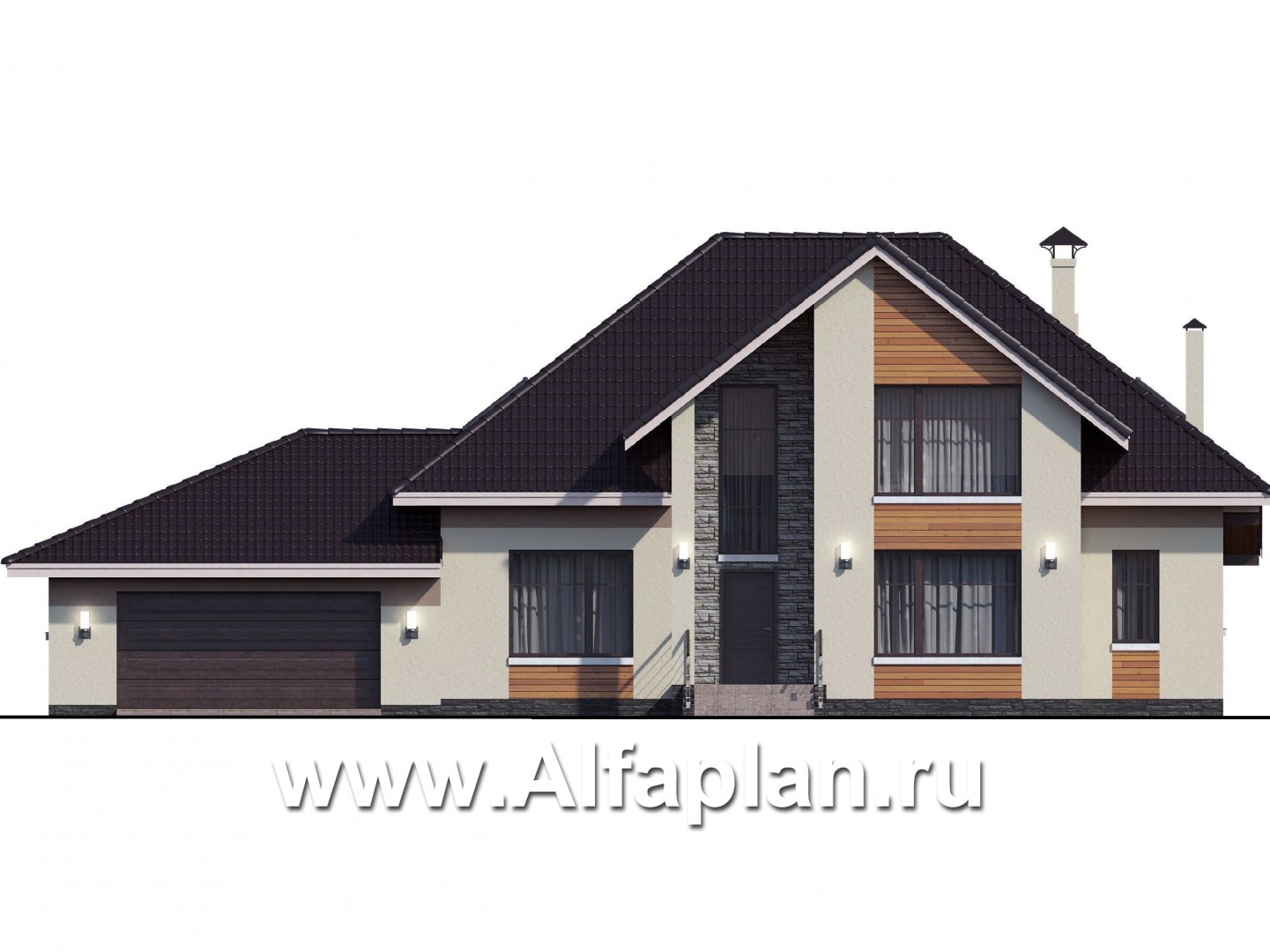 Проекты домов Альфаплан - «Кассиопея» - комфортабельный мансардный дом с большим гаражом - изображение фасада №1