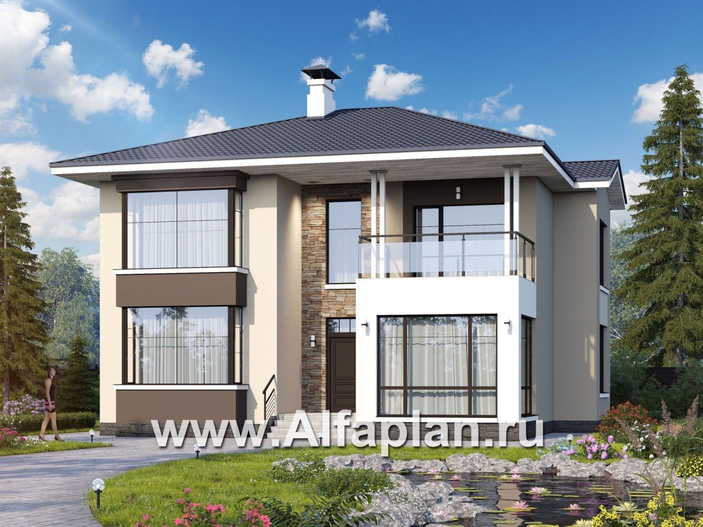 Проекты домов Альфаплан - «Опал» - современный двухэтажный комфортабельный дом - основное изображение