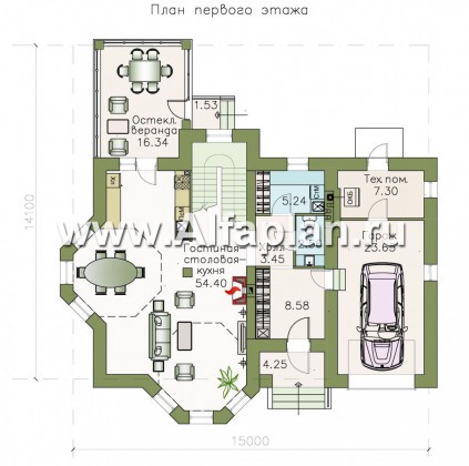 Проекты домов Альфаплан - «Бригантина» - коттедж с компактным планом и гаражом - превью плана проекта №1