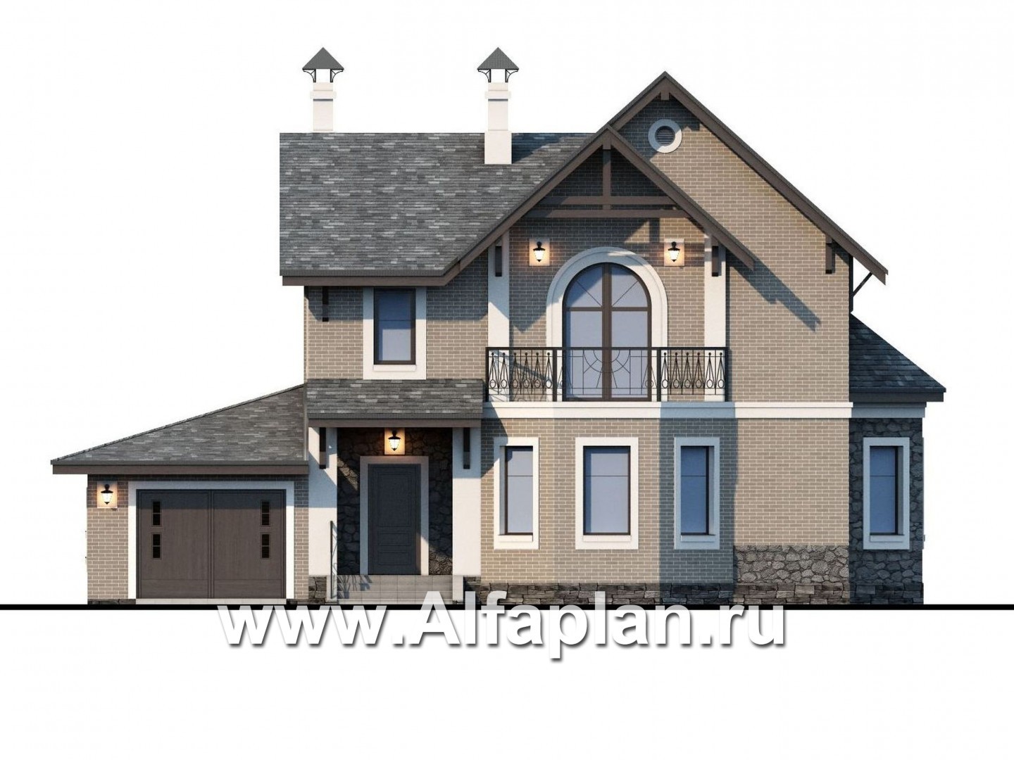 Проекты домов Альфаплан - «Бригантина» - коттедж с компактным планом и гаражом - изображение фасада №1