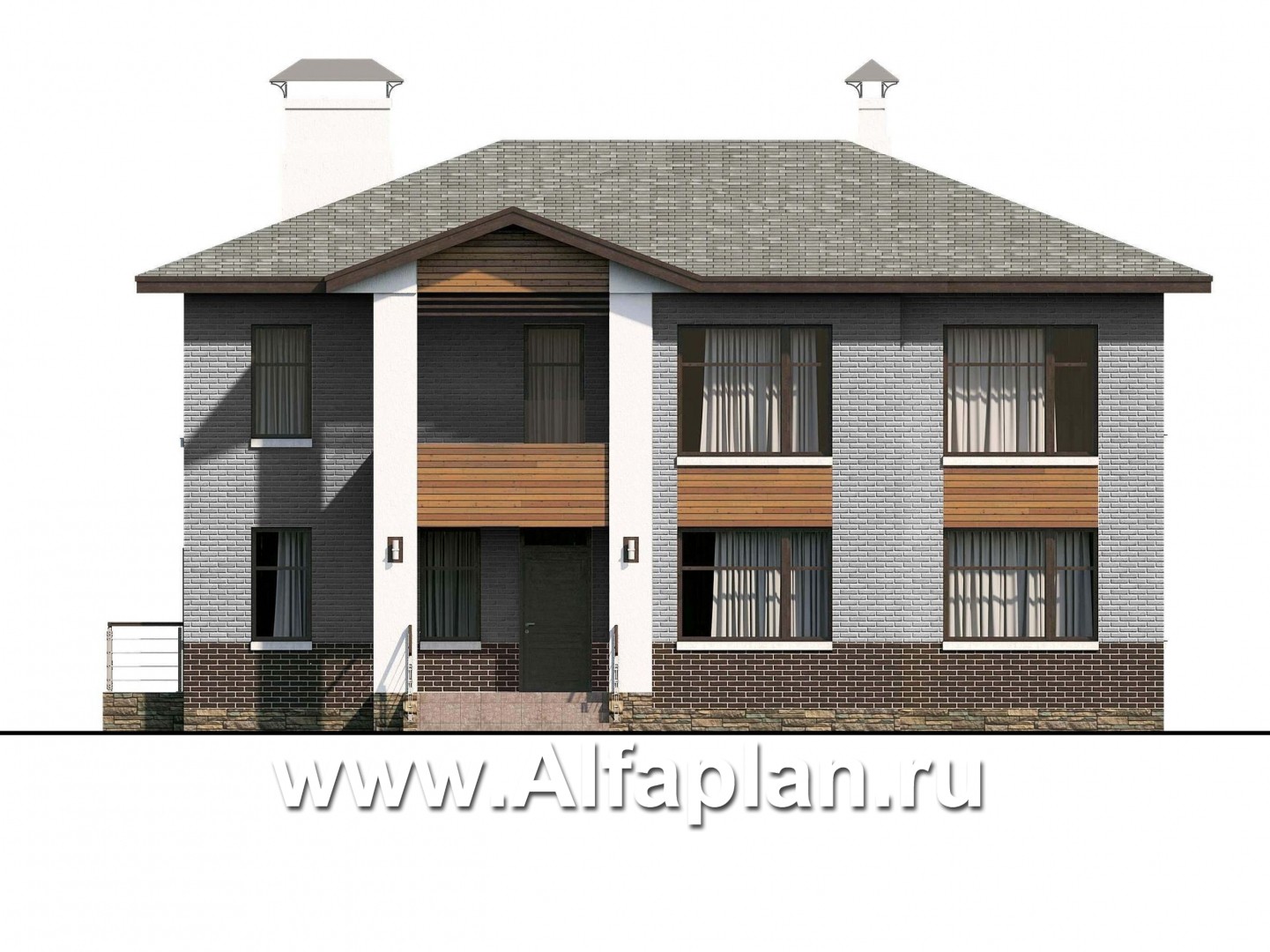Проекты домов Альфаплан - «Высшая лига» -  комфортабельный двухэтажный дом с двумя жилыми комнатами на 1 этаже - изображение фасада №1