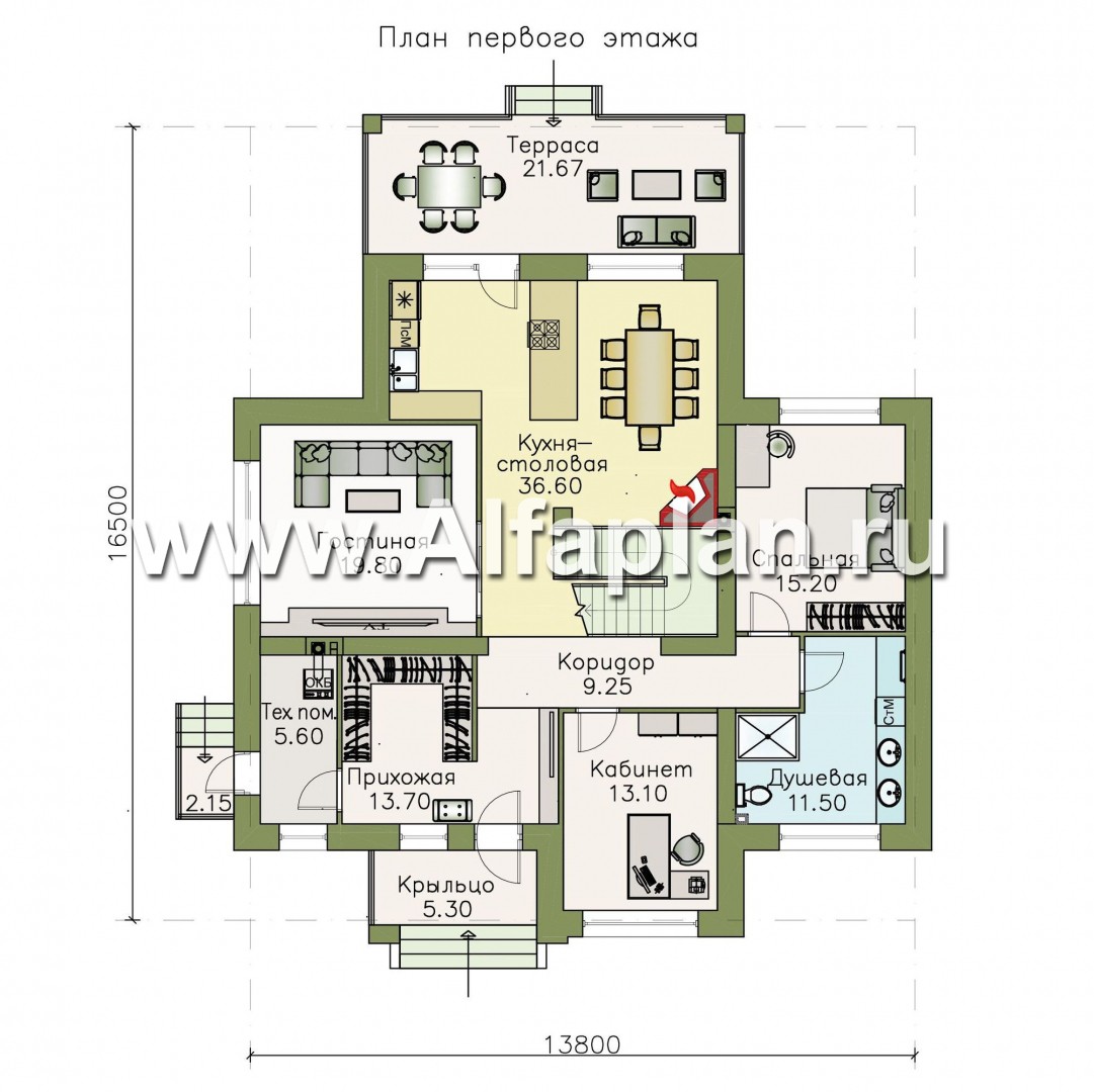 Проекты домов Альфаплан - «Высшая лига» -  комфортабельный двухэтажный дом с двумя жилыми комнатами на 1 этаже - план проекта №1