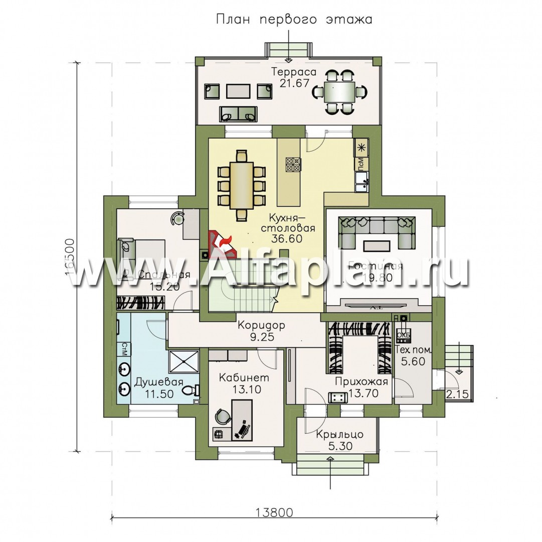 Проекты домов Альфаплан - «Высшая лига» -  комфортабельный двухэтажный дом с двумя жилыми комнатами на 1 этаже - план проекта №1