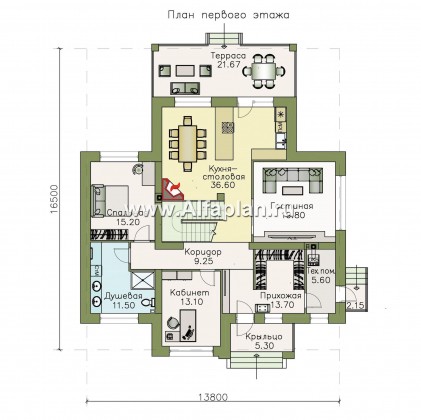 Проекты домов Альфаплан - «Высшая лига» -  комфортабельный двухэтажный дом с двумя жилыми комнатами на 1 этаже - превью плана проекта №1