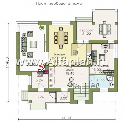 «Фортуна» - проект двухэтажного дома, планировка с кабинетом на 1 эт и с террасой - превью план дома