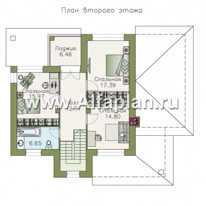 «Фортуна» - проект двухэтажного дома, планировка с кабинетом на 1 эт и с террасой - превью план дома