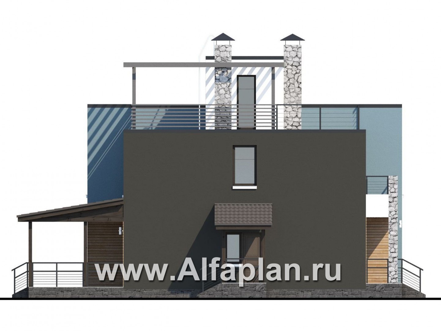 Проекты домов Альфаплан - «Сектор счастья» - коттедж для узкого участка с «зеленой» кровлей - изображение фасада №3