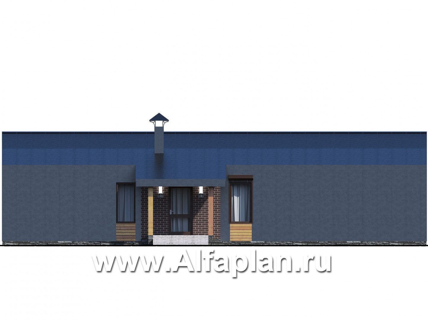 «Омикрон» -  проект одноэтажного дома в стиле барн, с террасой сбоку, мастер спальня - фасад дома