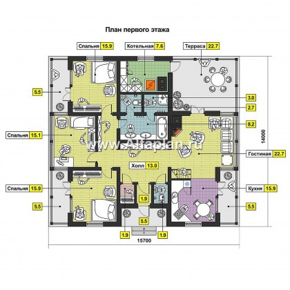 Проект одноэтажного каркасного дома, с террасой, 3 спальни - превью план дома