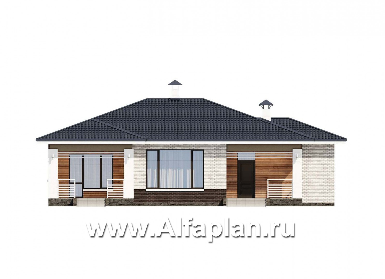 Проекты домов Альфаплан - «Эрато» - красивый дом, проект одноэтажного коттеджа, с террасой, в современном стиле - изображение фасада №1