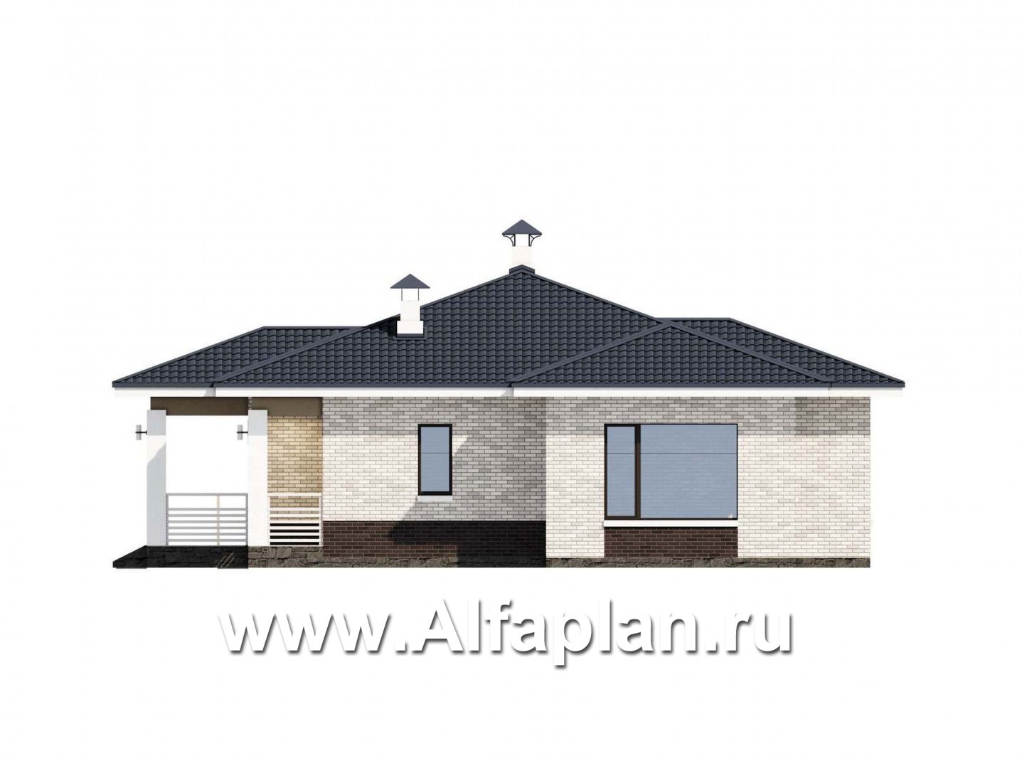 Проекты домов Альфаплан - «Эрато» - красивый дом, проект одноэтажного коттеджа, с террасой, в современном стиле - изображение фасада №2