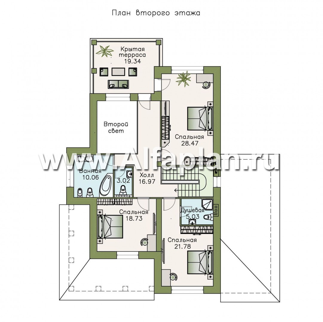 Проекты домов Альфаплан - «Беатрис» — двухэтажный коттедж с гаражом и террасой - изображение плана проекта №2