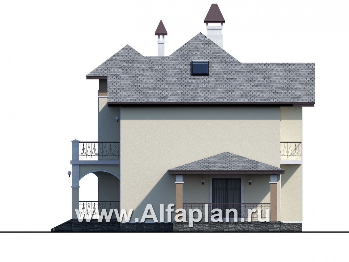 Проекты домов Альфаплан - «Разумовский» - проект двухэтажного дома из кирпича, с террасой и с балконом - изображение фасада №2