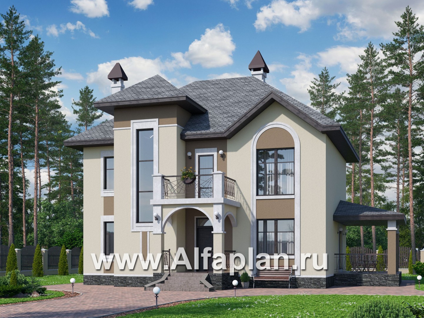 Проекты домов Альфаплан - «Разумовский» - проект двухэтажного дома из кирпича, с террасой и с балконом - основное изображение