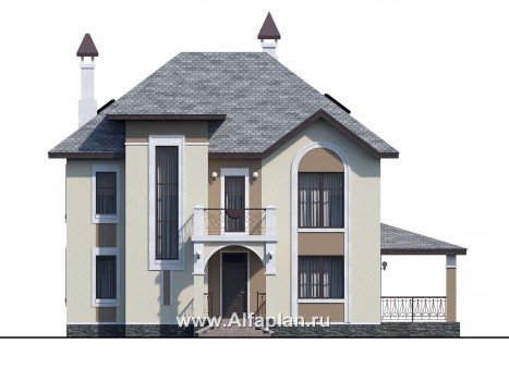 Проекты домов Альфаплан - «Разумовский» - проект двухэтажного дома из кирпича, с террасой и с балконом - превью фасада №1