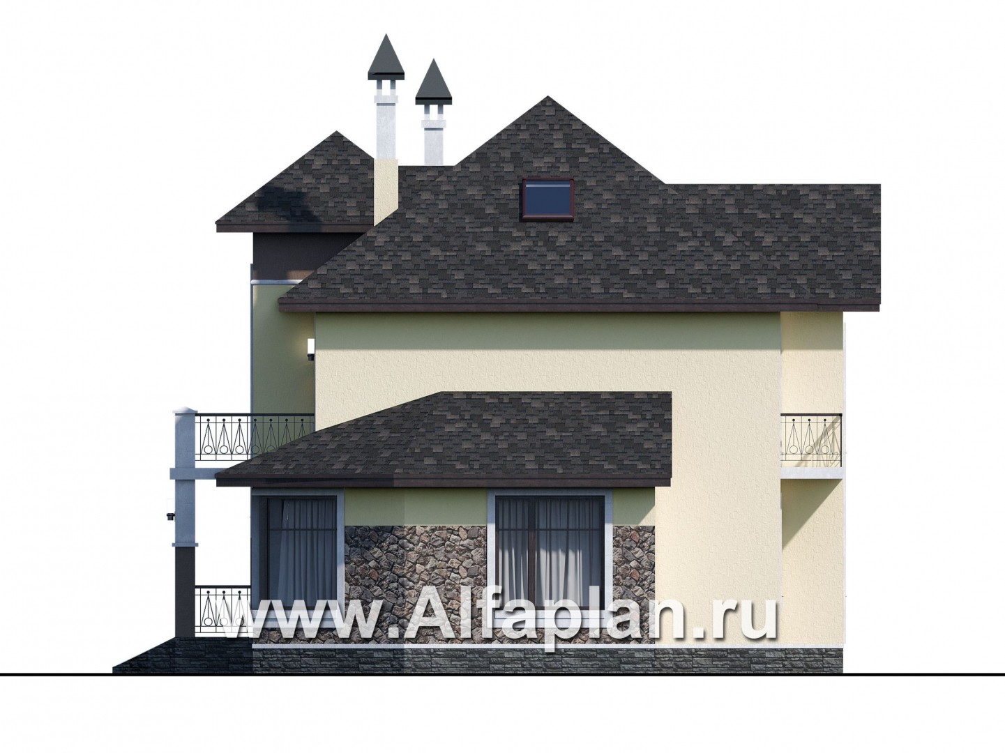 Проекты домов Альфаплан - «Разумовский» - проект двухэтажного дома из кирпича, с эркером, с террасой и с балконом - изображение фасада №2