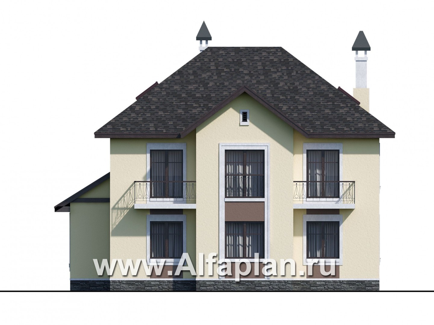 Проекты домов Альфаплан - «Разумовский» - проект двухэтажного дома из кирпича, с эркером, с террасой и с балконом - изображение фасада №4