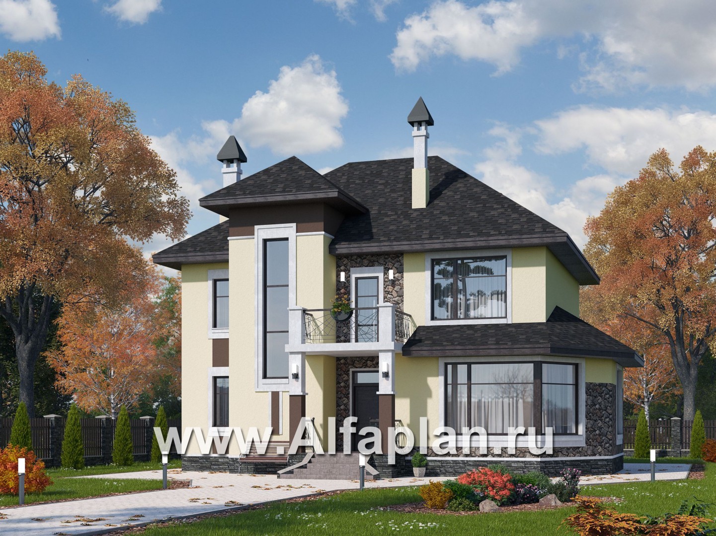 Проекты домов Альфаплан - «Разумовский» - проект двухэтажного дома из кирпича, с эркером, с террасой и с балконом - основное изображение