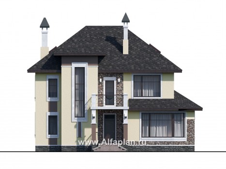 Проекты домов Альфаплан - «Разумовский» - проект двухэтажного дома из кирпича, с эркером, с террасой и с балконом - превью фасада №1