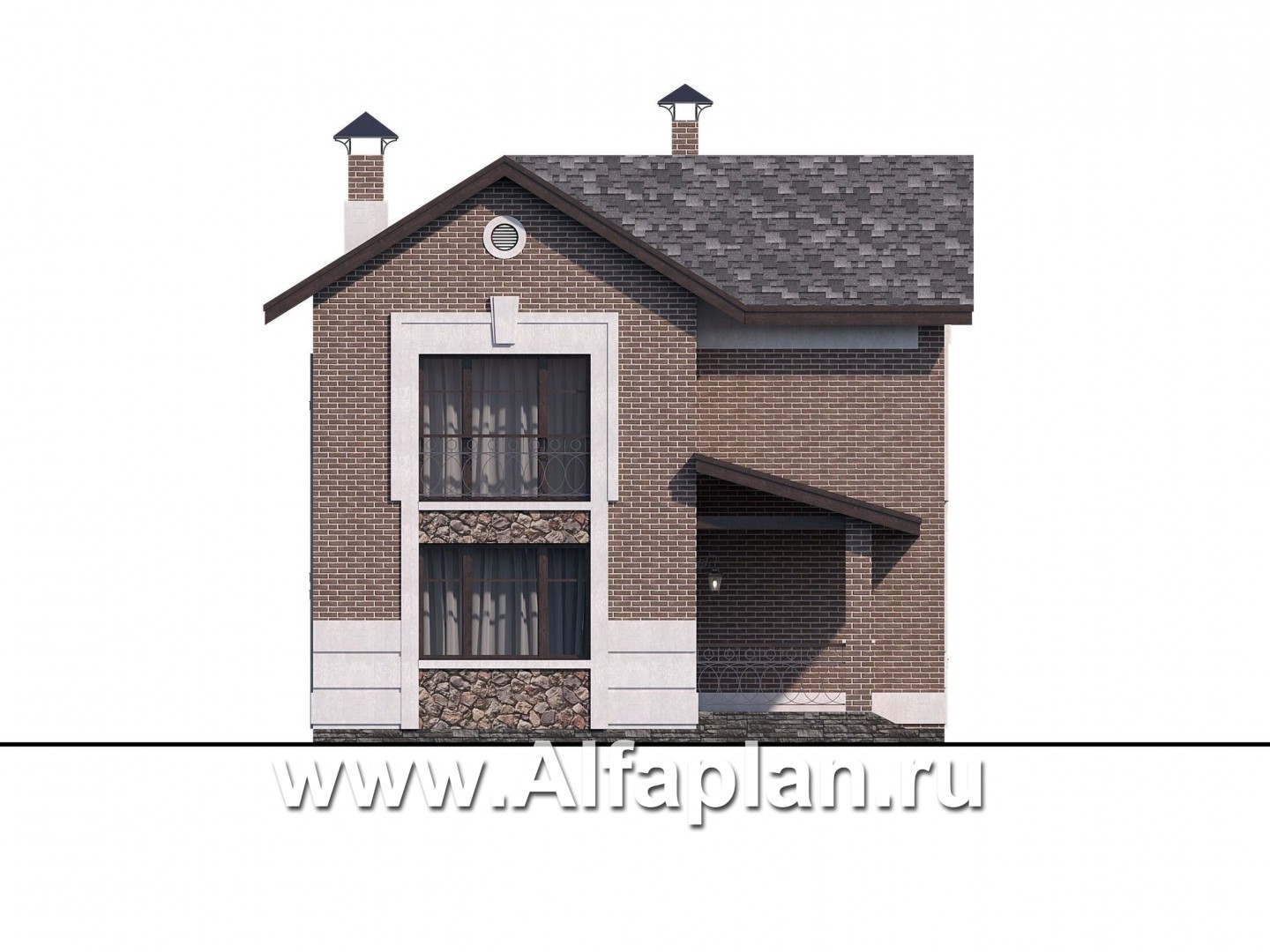 Проекты домов Альфаплан - «Каменка» - проект двухэтажного дома из газобетона, планировка с террасой и с гаражом-навесом - изображение фасада №3