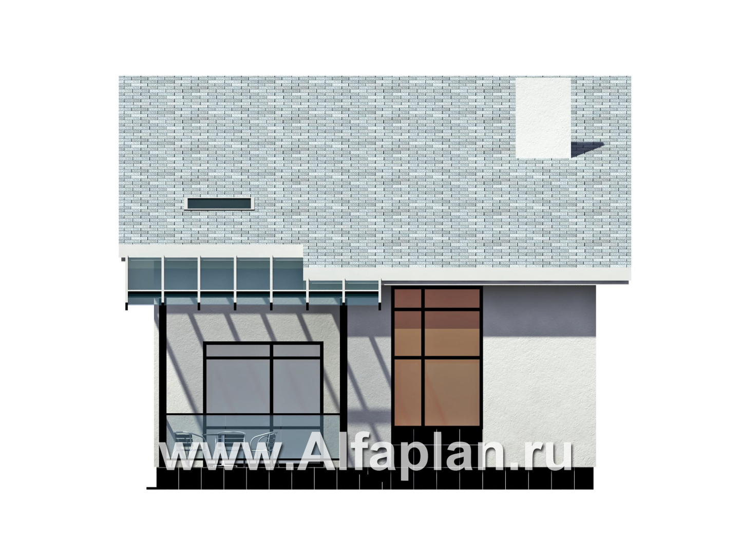 Проект дома с мансардой, планировка со вторым светом в гостиной, с террасой и односкатной крышей, в стиле минимализм - фасад дома