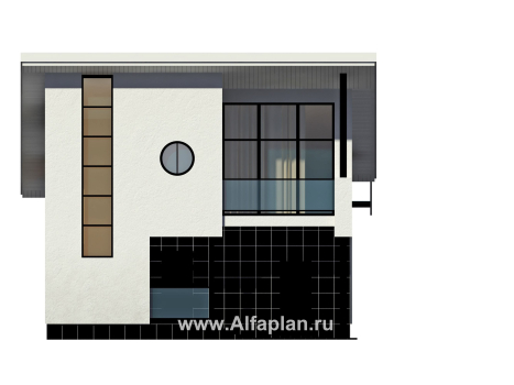 Проект дома с мансардой, планировка со вторым светом в гостиной, с террасой и односкатной крышей, в стиле минимализм - превью фасада дома