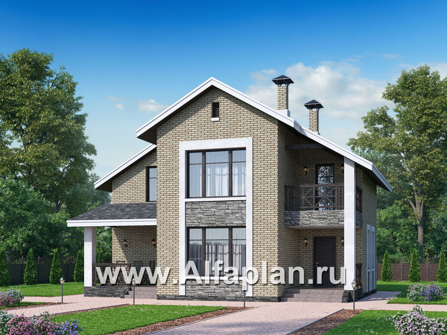 «Ижора» - проект дома с мансардой, планировка дома с террасой, с двускатной кровлей - дизайн дома №1