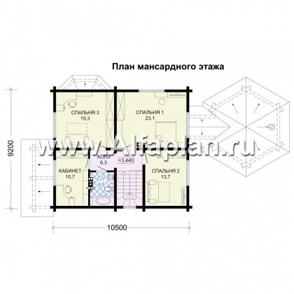 Проект двухэтажного коттеджа из бруса, планировка с кабинетом и с эркером, терраса в виде беседки с барбекью - превью план дома