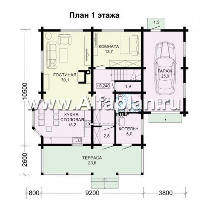 Проект двухэтажного коттеджа из бруса, планировка с кабинетом и с эркером, терраса и гараж со стороны входа - превью план дома