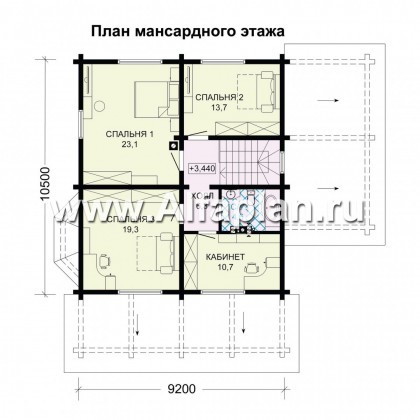 Проект двухэтажного коттеджа из бруса, планировка с кабинетом и с эркером, терраса и гараж со стороны входа - превью план дома