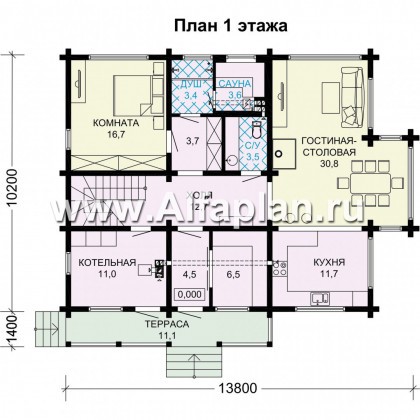 Проект двухэтажного дома из бруса, планирочка с сауной и с террасой, с балконом - превью план дома