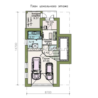 «Эврика» - проект трехэтажного дома, планировка с увеличенной прихожей, с гаражом в цоколе, для узкого участка - превью план дома