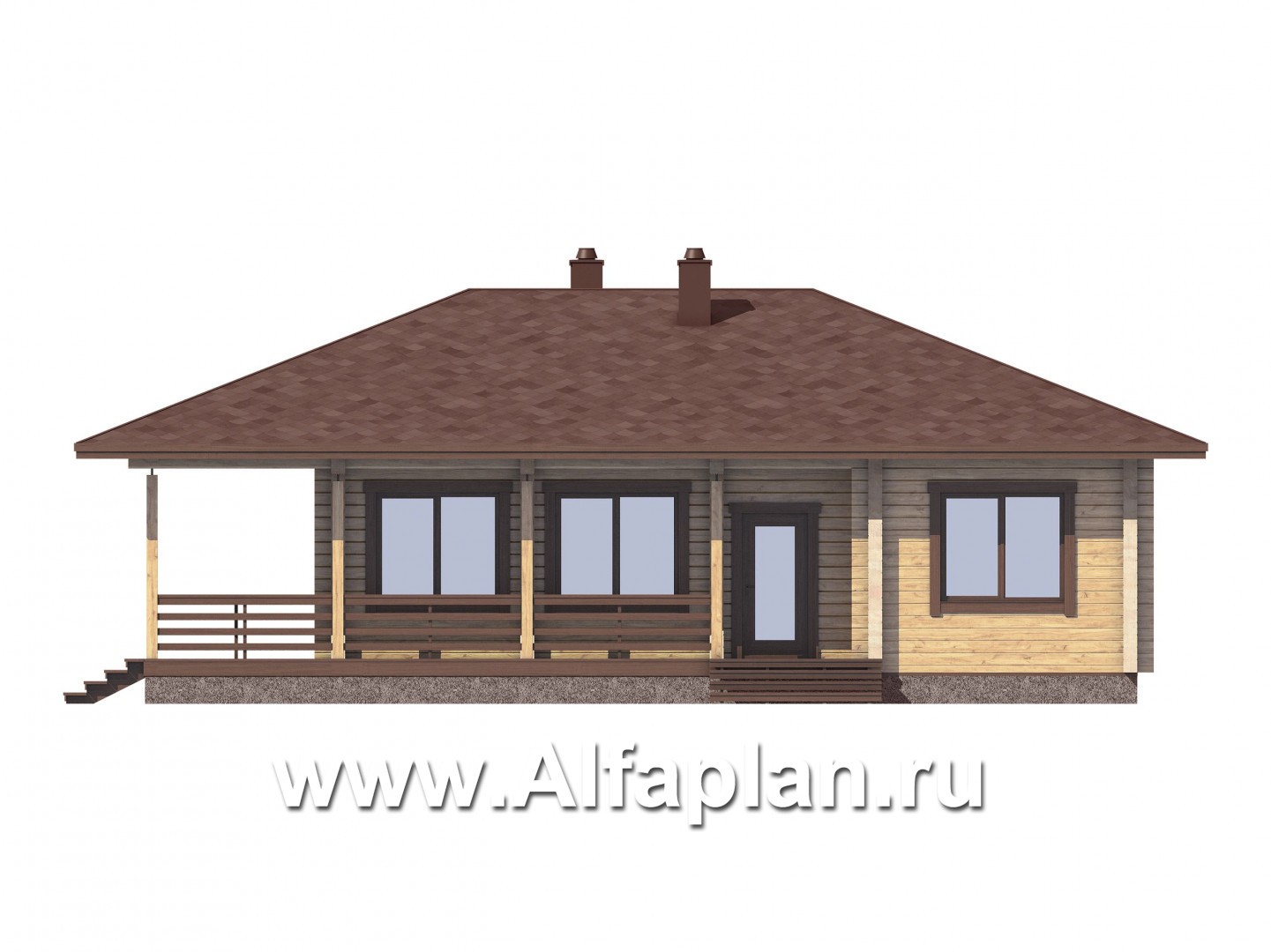 Проекты домов Альфаплан - Удобная дача из бревна с большой террасой и шатровой кровлей - изображение фасада №2