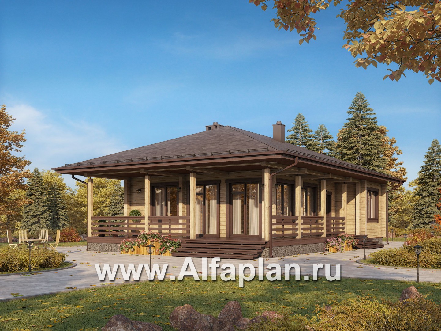 Проекты домов Альфаплан - Удобная дача из бревна с большой террасой и шатровой кровлей - основное изображение