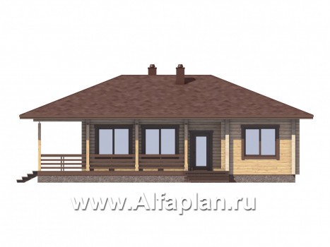 Проекты домов Альфаплан - Удобная дача из бревна с большой террасой и шатровой кровлей - превью фасада №2