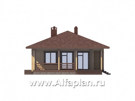 Проекты домов Альфаплан - Удобная дача из бревна с большой террасой и шатровой кровлей - превью фасада №3