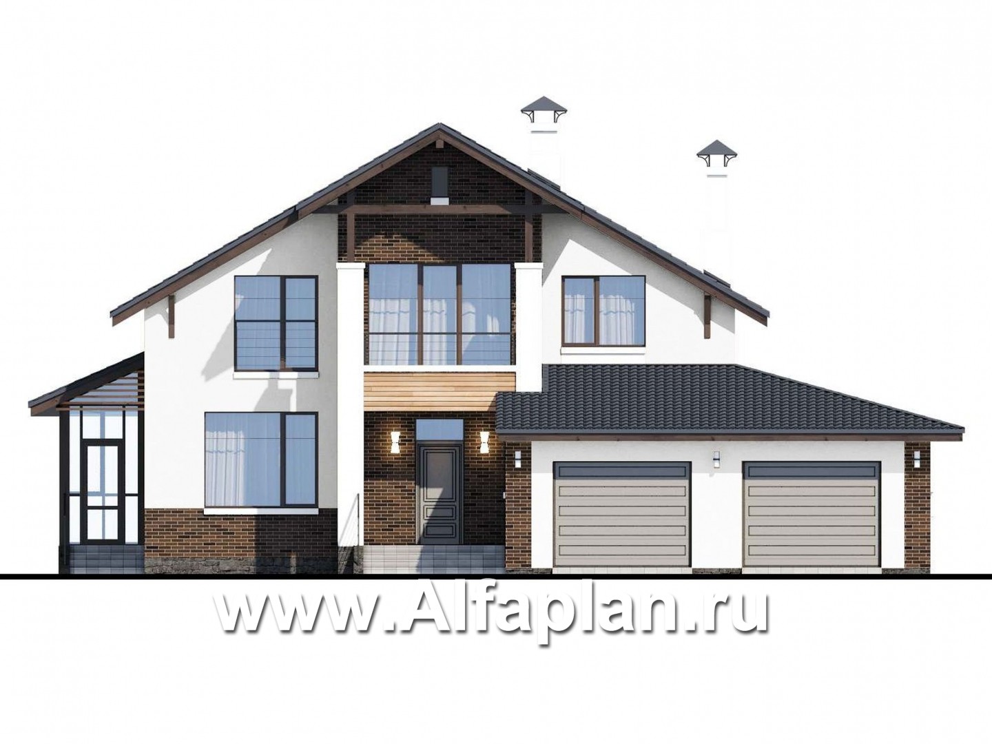 Проекты домов Альфаплан - «Галс» - двухэтажный коттедж со вторым светом и гаражом на два автомобиля - изображение фасада №1