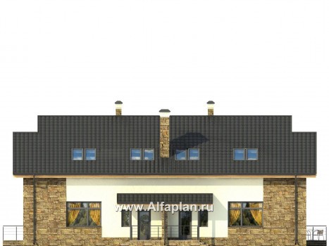 Проект дома с мансардой, современный таунхаус на 2 семьи (дуплекс), в стиле минимализм - превью фасада дома - фото №3