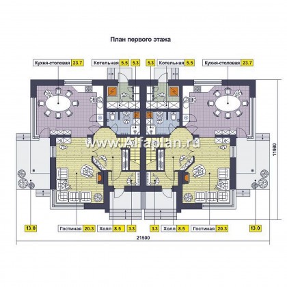 Проект дома с мансардой, современный таунхаус на 2 семьи (дуплекс), в стиле минимализм - превью план дома - фото №1