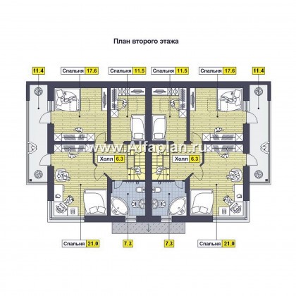 Проект дома с мансардой, современный таунхаус на 2 семьи (дуплекс), в стиле минимализм - превью план дома - фото №2